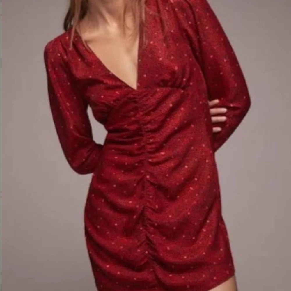 ZARA Plunging Neck Slight Ruched Long Sleeve Mini Dress SZ XS NWT - Picture 3 of 7